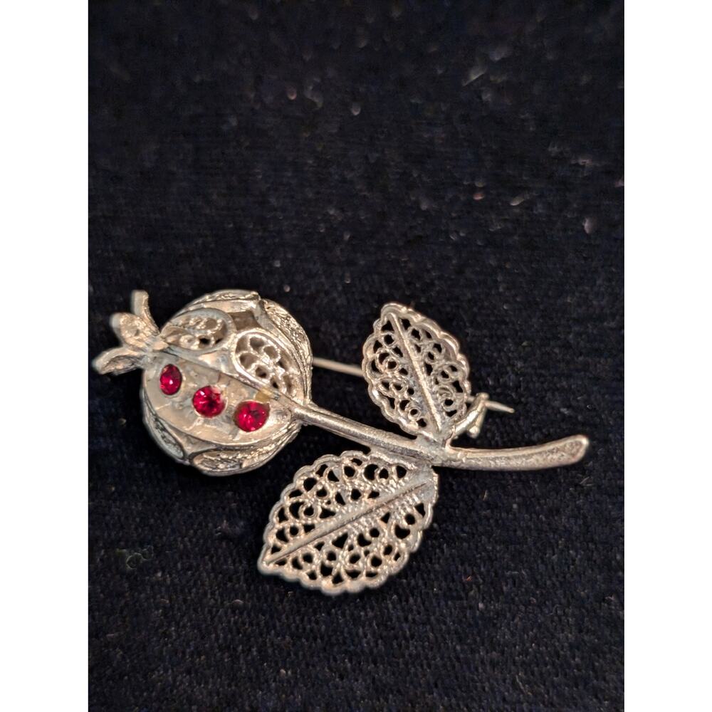 Antique 1930 Filigree Poppy Ruby Rhinestone Silver Tone Tone Brooch